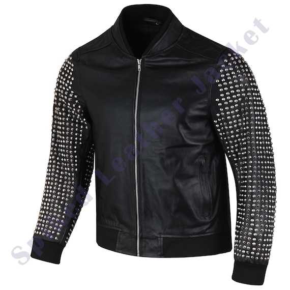 Men’s Black Studded Leather Jacket, Studded Sleeve Bomber, Zip Up Leather Biker Jacket, Rocker Streetwear, Custom Size