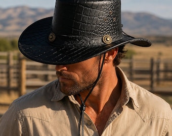 Men's Black Crocodile Embossed Leather Cowboy Hat Western Rancher Wide Brim Handmade Outback Hat