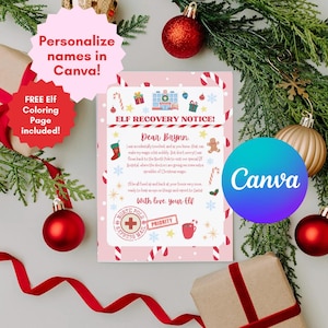 Aviso de recuperação do elfo rosa, estou doente, modelo editável do Canva, atividade personalizada de Natal, feriado festivo, impressão digital