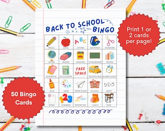 Back to School Bingo Game: 50 Printable Cards, Coloring Pages (Digital Download