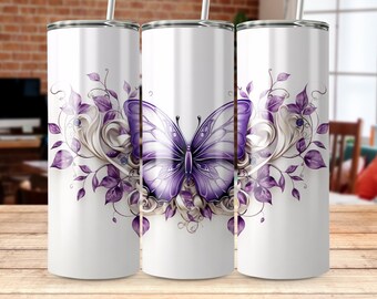 Purple Glitter Butterfly 20 oz Skinny Tumbler Sublimation Design Template Design Digital PNG DIGITAL Tumbler Wrap
