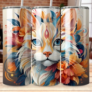 Flower Cat Art 20 oz Skinny Tumbler Wrap, Tumbler Sublimation Template, Tumbler Design Digital PNG Download