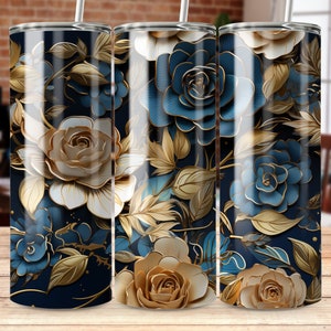 3D Blue and Gold Rose 20 oz Skinny Tumbler Wrap, Tumbler Sublimation Template, Tumbler Design Digital PNG Download