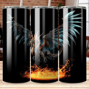 Dragon volant et feu 20 oz Skinny Tumbler Wrap, Tumbler Sublimation Template, Tumbler Design Digital PNG Télécharger