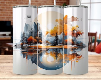 Berg Reflection Kunst 20 oz Skinny Tumbler Wrap, Becher Sublimation Vorlage, Becher Design digitaler PNG Download