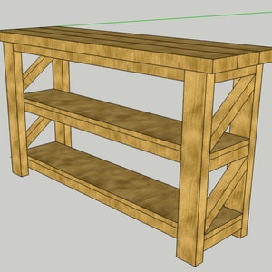 以下が含まれることがあります： 側面にX字型のデザインが施された、棚が2段ある木製コンソールテーブル。テーブルは天然木で作られており、薄い茶色の仕上げになっています。