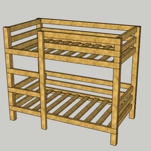 K&ouml;nnte beinhalten: Ein Holz-Hochbett mit zwei Ebenen. Das Bett ist aus Naturholz und hat ein schlichtes Design.