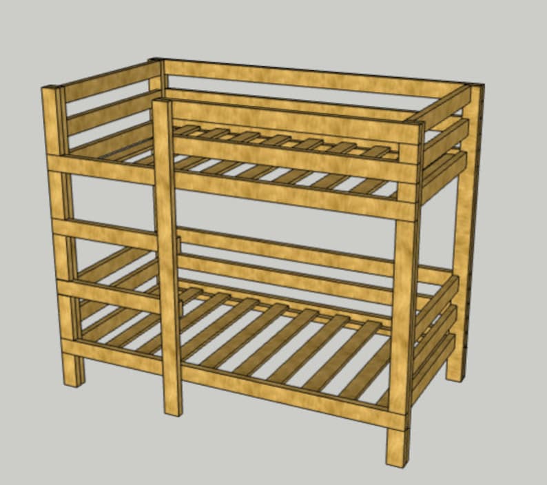 K&ouml;nnte beinhalten: Ein Holz-Hochbett mit zwei Ebenen. Das Bett ist aus Naturholz und hat ein schlichtes Design.
