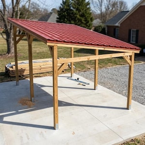 May include: A wooden carport with a red metal roof. The structure is supported by four wooden posts and is set on a concrete surface. Lumber is stacked in the background.