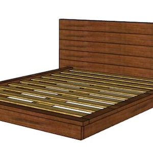 May include: A wooden platform bed frame with a slatted headboard and a slatted base. The bed frame is brown and has a modern design.