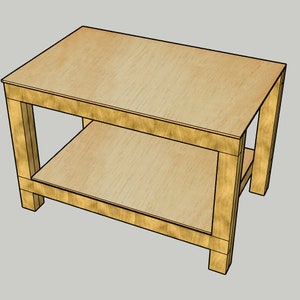 May include: A light-colored wooden table with a rectangular top and a lower shelf. The table has four legs and is approximately 30 inches long, 18 inches wide, and 20 inches high. The design is simple and modern, suitable for various uses.