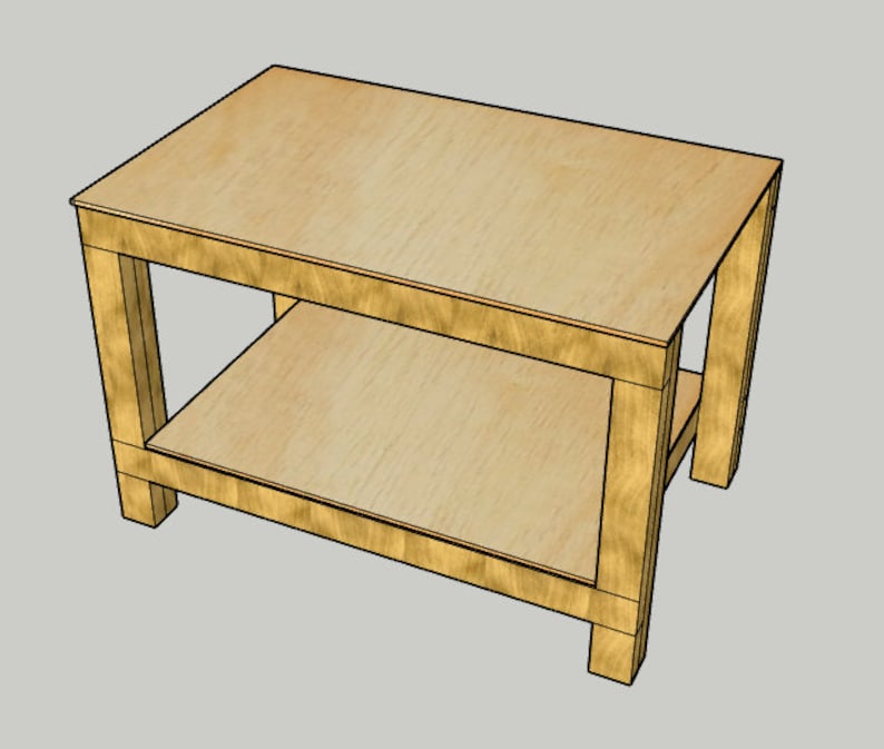 May include: A light-colored wooden table with a rectangular top and a lower shelf. The table has four legs and is approximately 30 inches long, 18 inches wide, and 20 inches high. The design is simple and modern, suitable for various uses.