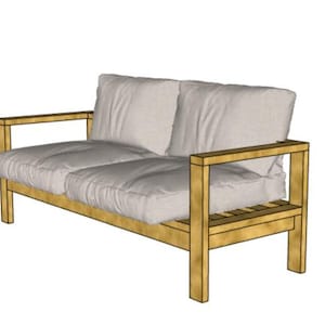 Puede incluir: Un sofá de madera de dos plazas con un marco marrón claro y cojines blancos. El sofá tiene un diseño sencillo con líneas rectas y una base de listones.