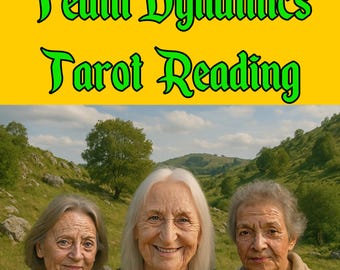 May include: Image promoting a tarot reading service. The text "Team Dynamics Tarot Reading" is displayed in green, stylized lettering against a yellow background. Below, three older women are pictured in front of a scenic background. The text "by Three Witches" is also displayed.
