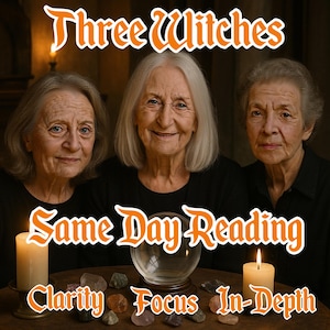 Può includere: Tre donne, vestite di nero, sono sedute a un tavolo con una sfera di cristallo, candele e pietre. Il testo "Three Witches Same Day Reading Clarity Focus In-Depth" è visualizzato sul tavolo.