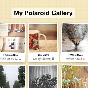 May include: A collection of Polaroid-style photos arranged on a light yellow background. The text "My Polaroid Gallery" is at the top. Each photo has a title and a short description, including "Beach Day," "Mountain Hike," and "City Lights."