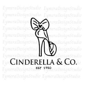 以下が含まれることがあります： リボンが付いたハイヒールの靴の白黒イラスト。靴の下に「CINDERELLA & CO. EST 1950」の文字があります。