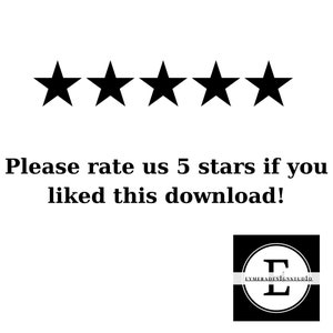 Pu&ograve; includere: Cinque stelle nere con il testo "Per favore, valutaci con 5 stelle se ti &egrave; piaciuto questo download!" e un logo in bianco e nero con la lettera "E" in un cerchio e il testo "EYMERALDESTUDIO.com" sotto.