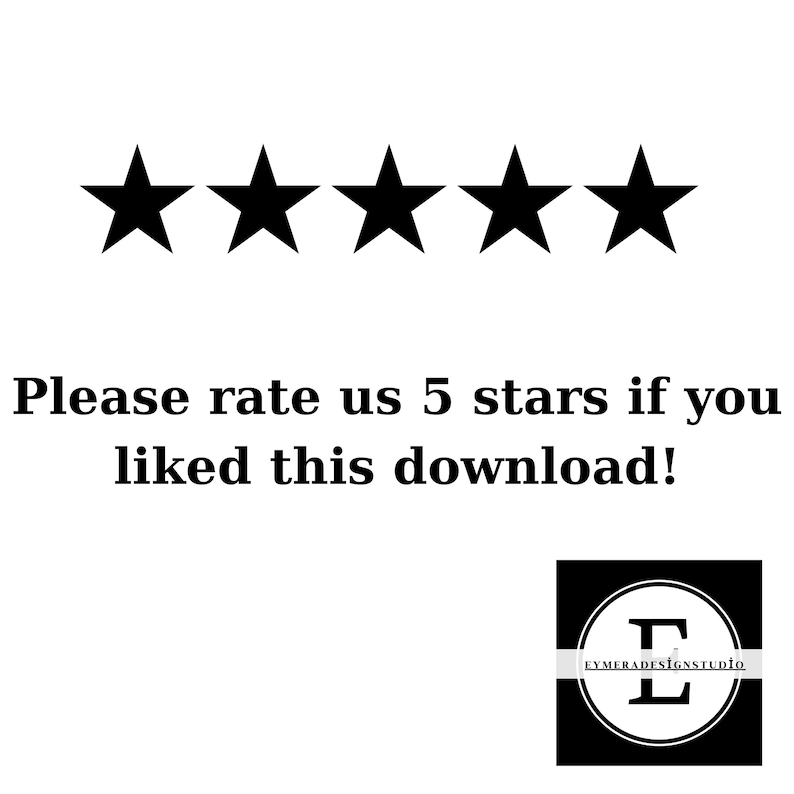 Pu&ograve; includere: Cinque stelle nere con il testo "Per favore, valutaci con 5 stelle se ti &egrave; piaciuto questo download!" e un logo in bianco e nero con la lettera "E" in un cerchio e il testo "EYMERALDESTUDIO.com" sotto.