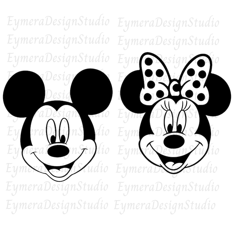 May include: Black and white silhouette of Mickey Mouse and Minnie Mouse. Mickey Mouse is on the left and Minnie Mouse is on the right. Minnie Mouse is wearing a bow with white polka dots.