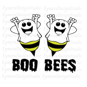 May include: Two cartoon bees dressed as ghosts with the text "BOO BEES" in black dripping letters.