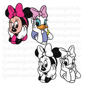 May include: Four cartoon characters, Mickey Mouse, Minnie Mouse, Donald Duck, and Daisy Duck, are depicted in a simple line drawing style. Each character is shown with their signature features, such as Mickey's ears, Minnie's bow, Donald's beak, and Daisy's flower. The characters are all looking down and have their hands resting on their chins, as if they are thinking.