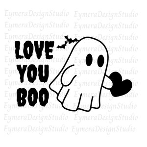 May include: Black and white Halloween-themed graphic featuring a ghost holding a heart. The text "LOVE YOU BOO" is above the ghost, with two bats. Perfect for spooky season.