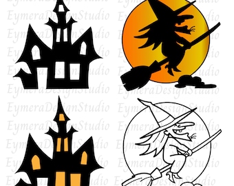 Halloween castle SVG,witch with a broom SVG,Halloween haunted house silhouette. Svg, Png, Ai, Pdf, Jpg, digital download