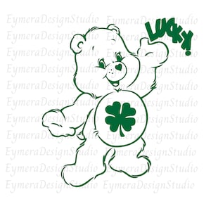 May include: A green cartoon bear holding a shamrock with the word "LUCKY!" written above it.