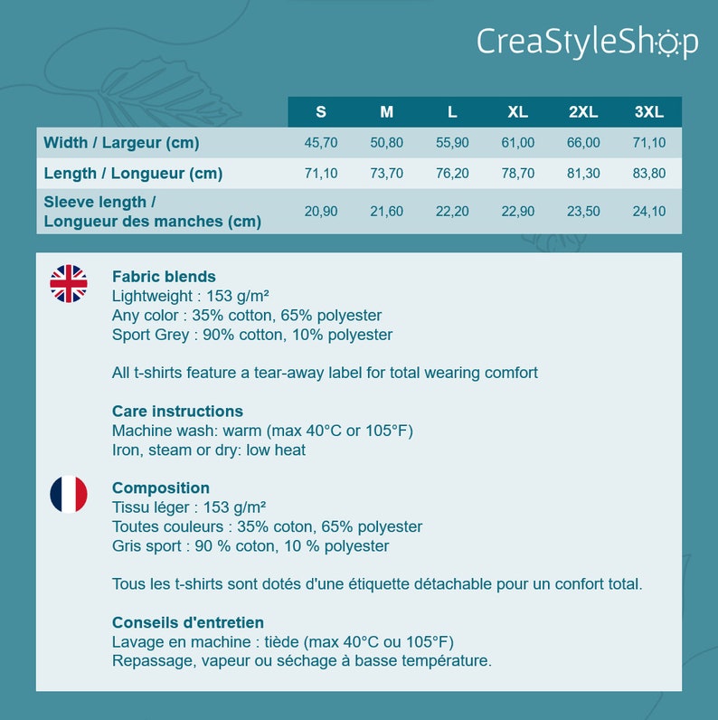May include: A product information sheet from CreaStyleShop, detailing t-shirt specifications. It includes measurements in centimeters for width, length, and sleeve length across sizes S to 3XL. Fabric blends are listed, along with care instructions for machine washing and ironing.