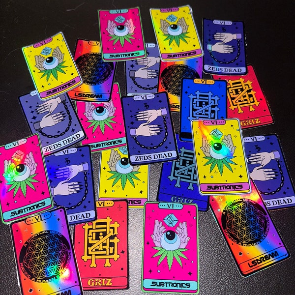 Pack mystère d'autocollants holographiques pour cartes de tarot Edm / Stickers Subtronics / Stickers GRiZ / Stickers Zeds Dead / Festival