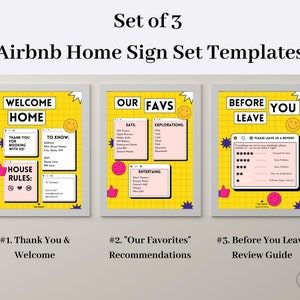 YELLOW RETRO Editable Airbnb Sign Templates (Welcome/Thank You, Our Favorites, Review Request),Printable Rental Signs - Ensure 5-Star Review