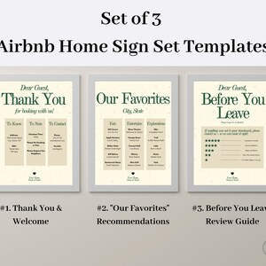 GREEN CLASSIC Editable Airbnb Sign Templates (Welcome/Thank You, Our Favorites, Review Request),Printable Rental Signs -Ensure 5-Star Review
