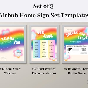 RAINBOW Editable Airbnb Sign Templates (Welcome/Thank You, Our Favorites, Review Request),Printable Rental Signs - Ensure 5-Star Review