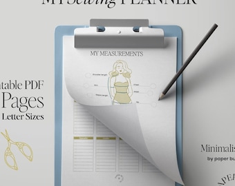 May include: A blue clipboard with a white sheet of paper that has a sewing planner on it. The planner includes a section for body measurements and a section for project planning. The text on the paper says "My Sewing Planner" and "My Measurements". The clipboard is on a white background.