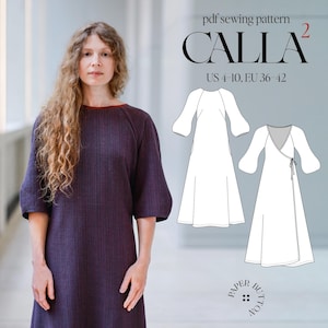 May include: A woman wearing a dark purple dress with elbow-length sleeves. The dress has a textured pattern and a red trim at the neckline. The image also shows a sewing pattern with the text "CALLA" and size information.