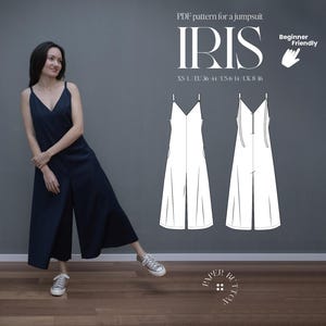 May include: A navy blue jumpsuit with a V-neck and spaghetti straps. The image includes a pattern illustration and text that reads "PDF pattern for a jumpsuit" and "IRIS". The pattern is beginner friendly.