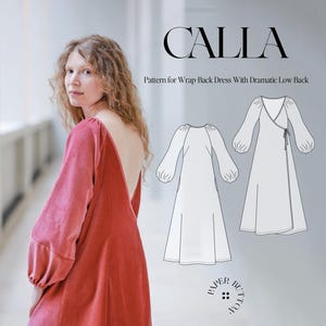Puede incluir: Una mujer con un vestido rojo con espalda cruzada y escote pronunciado. El vestido tiene mangas largas. La imagen incluye un patrón de vestido con el texto "CALLA" y "Pattern for Wrap Back Dress With Dramatic Low Back".