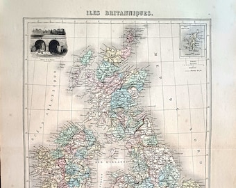 Carte des Iles Britanniques, gravure sur acier, fin du 19ème siècle.