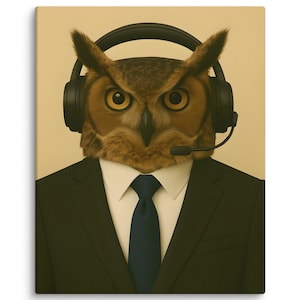 May include: A canvas print featuring an owl wearing a headset, dressed in a black suit with a white collared shirt and a navy blue tie. The owl has large yellow eyes and brown feathers. The background is a solid beige color.