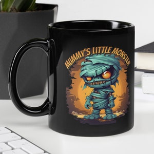 Mummy&#39;s Little Monster, Black Glossy Mug, Makes A Great Gift For Halloween, Scary, Funny, Cute Cartoon Mummy Design