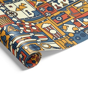 May include: A colorful wrapping paper roll with a repeating pattern of various icons, including a camera, a popcorn bucket, a pizza slice, a skateboard, a compass, a dice, a puzzle piece, and a game board. The paper is rolled up and the end is visible.