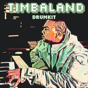 May include: Image of a man in a green jacket, working on a music production setup. The text "TIMBALAND DRUMKIT" is displayed in green pixelated font at the top. The man is seated, with a keyboard and computer screen visible.