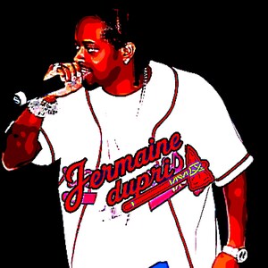 May include: A digitally enhanced image of a person wearing a white baseball jersey with red trim. The jersey features the name "Jermaine Dupri" in red script and a tomahawk graphic. The person is holding a microphone.