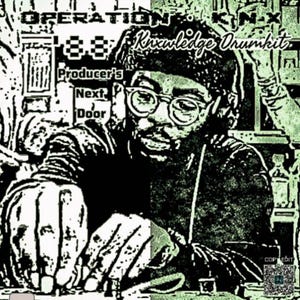 May include: Monochrome image of a person wearing glasses, with text overlay. The text includes "OPERATION 88", "Producer's Next Door", and "Knowledge Drumkit". The image has a green tint and a QR code in the bottom right corner.