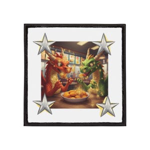 May include: Square patch featuring a fantasy illustration of two dragons, one red and one green, eating from a bowl of food. The patch has a black border and four silver stars in the corners.
