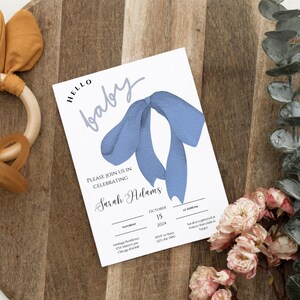 Pack numérique baby shower | Invitation avec noeud bleu, tombola de couches, demande de livre, carte de remerciement | Imprimables pour baby shower, garçon | Invitation modifiable