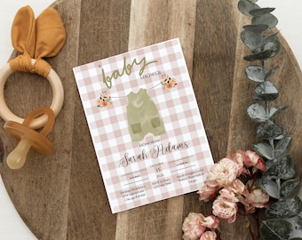 Editable Gingham Gender Neutral Baby Shower Invitation, Canva Template
