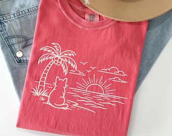 Comfort Colors Cat Watching Sunset T-shirt, Cat Sunset Line Art Tee, Minimal Cat Summer Tee, Coastal Cat Shirt