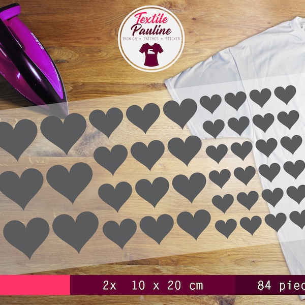 IRON-ON / Bügelbild HERZEN / Hearts - 84 Stück / pieces ( 2x - 10 x 20 cm ) - Flexfolie / flex foil